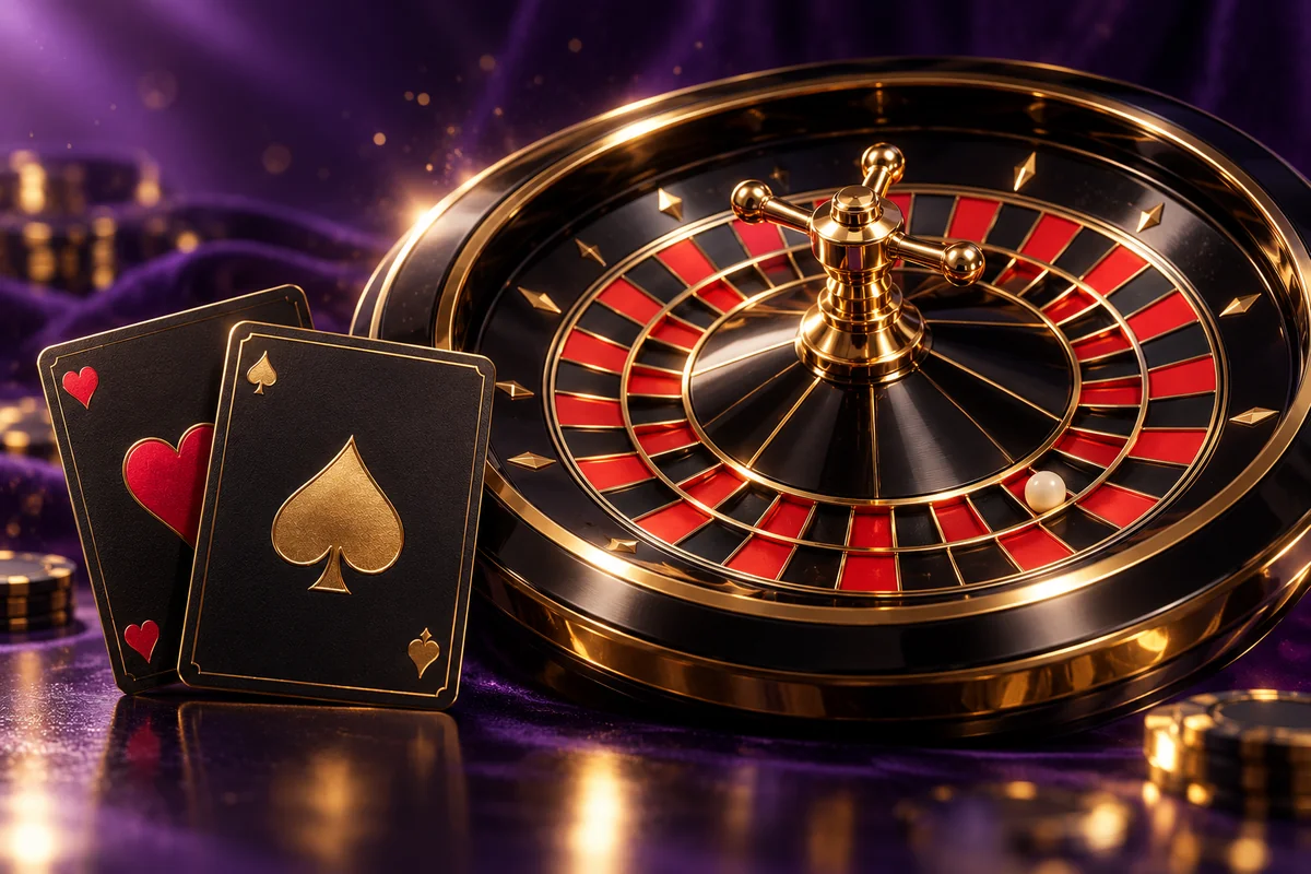 Live casino illustration Gold and black roulette wheel with playing cards