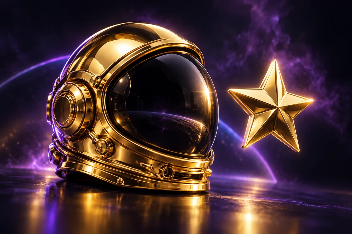 VIP rewards illustration Gold astronaut helmet and star on a dark cosmic background